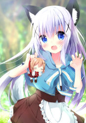 Rule 34 | 2girls, :d, animal ears, apron, blue capelet, blue eyes, blurry, blurry background, blush, brown skirt, capelet, chestnut mouth, claw pose, closed eyes, collarbone, commentary request, day, depth of field, fang, frilled apron, frills, gochuumon wa usagi desu ka?, hair between eyes, hair ornament, hairclip, highres, hood, hooded capelet, hoto cocoa, kafuu chino, kouda suzu, light brown hair, long hair, mini person, minigirl, multiple girls, open mouth, outdoors, parted lips, pleated skirt, purple hair, red capelet, shirt, sidelocks, skirt, smile, tail, very long hair, waist apron, white apron, white shirt, wolf ears, wolf girl, wolf tail, x hair ornament
