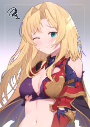 Rule 34 | 1girl, bare shoulders, black cape, blonde hair, blush, breasts, cape, closed mouth, commentary request, gradient background, granblue fantasy, green eyes, grey background, hair intakes, highres, long hair, medium breasts, navel, one eye closed, parted bangs, solo, squiggle, sweat, torn clothes, uneg, upper body, very long hair, white background, zeta (granblue fantasy)