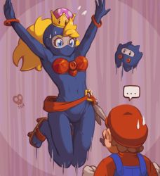 Rule 34 | ..., 1boy, 1girl, arms up, balaclava, bangle, black bodysuit, blonde hair, blouse, blue eyes, blue overalls, bodysuit, bracelet, breasts, clenched hands, commentary, covered mouth, covered navel, crown, english commentary, facial hair, geta, hat, jewelry, joakim sandberg, jumping, long hair, mario, mario (series), medium breasts, mustache, new super mario bros. u deluxe, ninji (mario), nintendo, overalls, peachette, personification, ponytail, red hat, red shirt, sash, shirt, solo focus, super crown, super mario bros. 2, sweatdrop, toadette, transformation