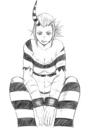 Rule 34 | 1girl, chain, collarbone, cuffs, frown, greyscale, grimace, handcuffs, hands between legs, highres, horn, leaning forward, monochrome, muscular, muscular female, pants, pharaoh13, pointy ears, ponytail, prison clothes, scar, scythana (skullgirls), sharp teeth, shirt, sitting, skullgirls, solo, striped clothes, striped pants, striped shirt, teeth