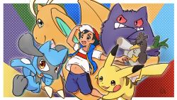 Rule 34 | 1boy, ash ketchum, baseball cap, black hair, blue vest, brown eyes, creatures (company), dotted background, dragonite, galarian farfetch&#039;d, game freak, gen 1 pokemon, gen 4 pokemon, gengar, green eyes, hand on headwear, hat, highres, looking at viewer, looking to the side, navel, nintendo, open mouth, outstretched arm, pikachu, pokemon, pokemon (anime), pokemon (creature), pokemon journeys, red eyes, red headwear, riolu, shirt, short hair, shorts, smile, spring onion, teeth, upper teeth only, vest, white shirt, yellow eyes