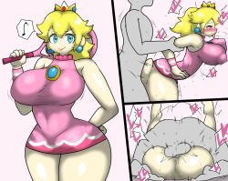 Rule 34 | 1boy, 1girl, ahegao, ass, blonde hair, blue eyes, breasts, clothed sex, clothes, colored skin, crown, earrings, enigi09, grey skin, heart, highres, huge breasts, jewelry, long hair, looking at viewer, lying, mario (series), mating press, musical note, nintendo, piercing, ponytail, princess peach, sex, sex from behind, simple background, smile, speech bubble, testicles, tongue, tongue out