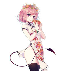 Rule 34 | 1girl, black thighhighs, blush, box, bracelet, breasts, cat cutout, china dress, chinese clothes, cleavage, cleavage cutout, clothing cutout, cowboy shot, demon tail, dress, flower, hair flower, hair ornament, heart-shaped box, highres, holding, jewelry, looking at viewer, momo velia deviluke, no panties, pink hair, purple eyes, short hair, short sleeves, side slit, simple background, solo, standing, tail, thighhighs, to love-ru, tongue, tongue out, wait, white background