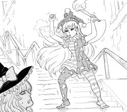 Rule 34 | 2girls, american flag dress, batman (series), bb (baalbuddy), bow, breasts, cigarette, clownpiece, dancing, frown, greyscale, hat, hat bow, highres, holding, holding torch, jester cap, joker (2019), kirisame marisa, long hair, monochrome, multiple girls, pantyhose, railing, small breasts, smoke, smoking, stairs, star (symbol), star print, sweatdrop, torch, touhou, witch hat