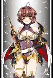 Rule 34 | 1girl, ahoge, armor, betty (langrisser), black border, blush, border, breasts, brown hair, cape, cleavage, closed mouth, cowboy shot, gloves, gluteal fold, grey leotard, hair intakes, hand on own hip, highleg, highleg leotard, hikaru (mikan0407), langrisser, large breasts, leotard, looking at viewer, mind control, pillarboxed, short hair, shoulder armor, smile, solo, standing, sword, urushihara satoshi (style), weapon, white border, white cape, white gloves, yellow eyes
