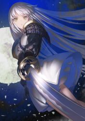 Rule 34 | 1girl, armor, black gloves, dutch angle, from below, full moon, gloves, highres, holding, holding sword, holding weapon, katana, long hair, looking at viewer, makai no juumin, moon, night, original, petals, shoulder armor, silver hair, solo, sword, weapon, wind, yellow eyes