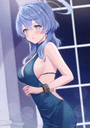 Rule 34 | 1girl, ako (blue archive), ako (dress) (blue archive), backless dress, backless outfit, black hairband, blue archive, blue dress, blue eyes, blue hair, blue halo, blush, breasts, dress, earrings, hair between eyes, hairband, halo, highres, jewelry, large breasts, long hair, looking at viewer, mochiko (uyu omochi), official alternate costume, parted lips, sideboob, sleeveless, sleeveless dress, solo, twitter username
