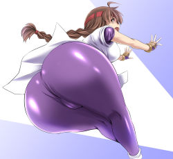 Rule 34 | 1girl, ahoge, ass, braid, breasts, brown eyes, brown hair, cameltoe, fingerless gloves, from behind, gloves, headband, hip attack, huge ass, large breasts, long hair, looking back, open mouth, ryuuko no ken, shiny clothes, sideboob, single braid, snk, solo, spandex, the king of fighters, thick thighs, thighs, tonpuu, very long hair, wide hips, yuri sakazaki
