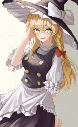 Rule 34 | 1girl, :d, absurdres, apron, arm behind back, black hat, black skirt, black vest, blonde hair, bow, braid, frilled apron, frills, green eyes, hair between eyes, hair bow, hand in own hair, hat, hat bow, highres, kirisame marisa, long hair, looking at viewer, meunggeul (hongleopard), open mouth, red bow, shirt, single braid, skirt, smile, solo, standing, touhou, very long hair, vest, waist apron, white apron, white background, white bow, white shirt, witch hat
