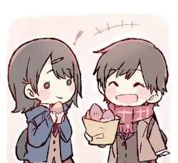 Rule 34 | +++, 2girls, :d, ^ ^, akb48, backpack, bag, beige background, black hair, blue jacket, blush stickers, brown jacket, chibi, closed eyes, commentary request, food, hair ornament, hairclip, holding, holding bag, hood, hood down, hooded jacket, jacket, long sleeves, mole, mole under mouth, multiple girls, murayama yuiri, okada nana, open mouth, outline, paper bag, real life, red scarf, roasted sweet potato, scarf, short hair, smile, sweet potato, taneda yuuta, upper body, white outline, roasted sweet potato