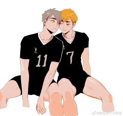 Rule 34 | 2boys, 3 upin, blonde hair, cheek-to-cheek, closed mouth, cropped legs, grey eyes, grey hair, haikyuu!!, heads together, highres, light smile, looking at another, looking at viewer, male focus, miya atsumu, miya osamu, multiple boys, shirt, short hair, siblings, simple background, sitting, sportswear, spread legs, twins, volleyball uniform, white background, yellow eyes
