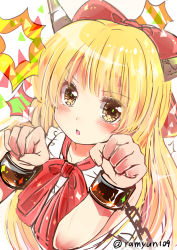 Rule 34 | 1girl, blonde hair, blush, bow, bowtie, chain, cuffs, hair bow, horns, ibuki suika, long hair, looking at viewer, open mouth, paw pose, ramudia (lamyun), red bow, red bowtie, shackles, sleeveless, solo, touhou, twitter username, upper body, yellow eyes