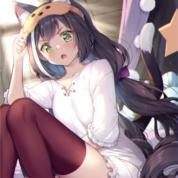 Rule 34 | 1girl, :o, absurdres, animal ear fluff, animal ears, black hair, blush, bow, brown thighhighs, cat ears, cat tail, commentary request, green eyes, hair bow, highres, karyl (princess connect!), long hair, looking at viewer, low twintails, mask, mask on head, multicolored hair, pajamas, princess connect!, purple bow, sleep mask, solo, streaked hair, tail, takase kou, thighhighs, twintails, v-shaped eyebrows, very long hair, white pajamas