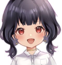 Rule 34 | 1girl, :d, aged down, black hair, collared shirt, commentary, earrings, english commentary, gold choker, highres, jewelry, looking at viewer, mole, mole under eye, nijisanji, nijisanji en, nini niniko, open mouth, portrait, red eyes, scarle yonaguni, shirt, simple background, smile, solo, virtual youtuber, white background, white shirt