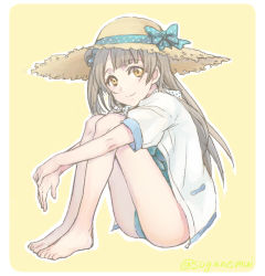 Rule 34 | 10s, 1girl, barefoot, bow, brown hair, full body, hat, hat bow, long hair, looking at viewer, love live!, love live! school idol festival, love live! school idol project, lowres, minami kotori, simple background, sitting, smile, solo, suganemui, sun hat, yellow eyes