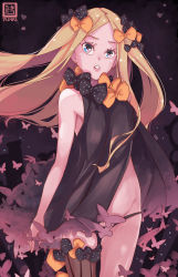 Rule 34 | 1girl, abigail williams (fate), bare arms, black bow, black dress, bow, bug, butterfly, cowboy shot, dress, fate/grand order, fate (series), hair bow, highres, insect, lips, looking at viewer, lowleg, lowleg panties, nekomimipunks, orange bow, panties, parted lips, polka dot, polka dot bow, single thighhigh, sleeveless, sleeveless dress, solo, striped clothes, striped thighhighs, thighhighs, underwear, vertical-striped clothes, vertical-striped thighhighs, wind