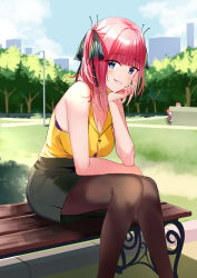 Rule 34 | 5girls, absurdres, bare shoulders, bench, black legwear, black skirt, blue eyes, blue sky, blunt bangs, blush, breasts, butterfly hair ornament, cleavage, cloud, collared shirt, go-toubun no hanayome, grass, grin, hair ornament, hair ribbon, hands on own chin, highres, large breasts, looking at viewer, miniskirt, multiple girls, nakano nino, nonbire, outdoors, pantyhose, park, park bench, pink hair, ribbon, shirt, siblings, sisters, sitting, skirt, sky, sleeveless, sleeveless shirt, smile, tree, two side up, yellow shirt