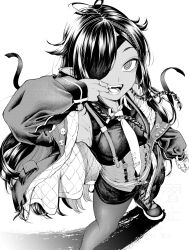 1girl braid breasts collared_shirt commission dark-skinned_female dark_skin eyepatch fangs finger_in_own_mouth greyscale hair_over_one_eye highres jacket long_hair long_sleeves looking_at_viewer monochrome morimoto_atsushi mouth_pull necktie one_eye_covered open_clothes open_jacket open_mouth original pantyhose pointy_ears shirt shoes short_shorts shorts skeb_commission sleeveless solo standing teeth