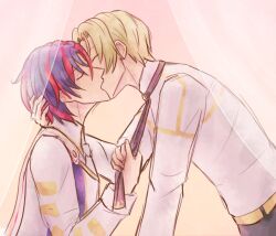 Rule 34 | 2boys, alear (fire emblem), alear (male) (fire emblem), alfred (fire emblem), belt, blonde hair, collared shirt, couple, fire emblem, fire emblem engage, highres, kira not found, kiss, long sleeves, multicolored hair, multiple boys, necktie, nintendo, pulling, pulling another&#039;s clothes, shirt, white shirt, yaoi