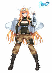 Rule 34 | 1girl, ace virgin, aircraft, airplane, belt, black sweater, blue eyes, boots, breasts, camouflage, camouflage pants, cleavage cutout, closed mouth, clothing cutout, copyright name, fhalei, full body, hand on own hip, hand up, headgear, highres, knee boots, large breasts, leg belt, lips, logo, long hair, long sleeves, looking at viewer, machinery, mecha musume, orange hair, pants, pouch, ribbed sweater, simple background, smile, solo, standing, sweater, very long hair, white background