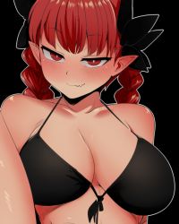 Rule 34 | 1girl, bare shoulders, bikini, black background, black bikini, blunt bangs, blush, braid, breasts, breasts day, bright pupils, cleavage, collarbone, extra ears, fang, full-face blush, half-closed eyes, kaenbyou rin, large breasts, long hair, looking at viewer, mizuga, pointy ears, red eyes, red hair, seductive smile, simple background, skin fang, smile, solo, swimsuit, touhou, twin braids, twintails, upper body, white pupils