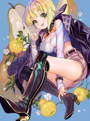 Rule 34 | 1girl, :d, ass, bad id, bad pixiv id, bead bracelet, beads, belt, black footwear, blonde hair, blue background, boots, bracelet, breasts, cherrypin, cleavage, clothing cutout, commentary request, crop top, flower, food, fruit, full body, green eyes, hand up, high heel boots, high heels, highres, idolmaster, idolmaster cinderella girls, jacket, jacket on shoulders, jewelry, knee boots, long sleeves, looking at viewer, medium breasts, midriff, miniskirt, miyamoto frederica, neck ribbon, open clothes, open jacket, open mouth, orange ribbon, orange skirt, pear, pencil skirt, plaid, plaid skirt, plant, purple jacket, ribbed sweater, ribbon, short hair, shoulder cutout, simple background, skirt, sleeves past wrists, smile, solo, sweater, tareme, thighs, white flower, zipper