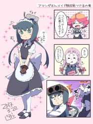 Rule 34 | 10s, 3girls, 4koma, :d, = =, ^^^, alternate costume, amanda o&#039;neill, apron, artist name, blue hair, blush, braid, brown gloves, comic, constanze amalie von braunschbank-albrechtsberger, dated, drooling, eating, enmaided, fat, food, food on face, frown, gloves, goggles, goggles on head, heart, heart background, holding, holding clothes, jasminka antonenko, jiro-min, little witch academia, maid, maid headdress, multiple girls, no pupils, open mouth, pantyhose, signature, smile, sparkle, stanbot (little witch academia), translation request, twin braids, waist apron