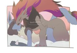 Rule 34 | 2boys, after kiss, all fours, alternate hair color, animal ears, animal hands, artist name, bed sheet, black fur, black hair, blue fur, body fur, border, claws, creatures (company), english text, eye contact, flat color, furry, furry male, furry with furry, game freak, gen 4 pokemon, gen 5 pokemon, gradient background, green eyes, grey fur, hair ornament, half-closed eyes, happy, highres, interspecies, long hair, looking at another, lucario, lying, male focus, multicolored hair, multiple boys, neck fur, nintendo, on stomach, open mouth, outside border, pink background, pokemon, pokemon (creature), purple hair, red eyes, red hair, saliva, saliva trail, simple background, sketch, smile, snout, speech bubble, spikes, streaked hair, tail, talking, tenebscuro, thick thighs, thighs, tongue, tongue out, two-tone fur, very long hair, watermark, white border, wolf boy, wolf ears, wolf tail, yaoi, yellow fur, zoroark