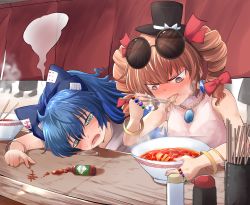 Rule 34 | 2girls, @ @, artist request, bare shoulders, blue hair, blush, bow, bracelet, brown eyes, brown hair, chopsticks, dice, dice hair ornament, drill hair, dying message, eating, food, hair bow, hair ornament, hat, highres, hot, hot sauce, jewelry, long hair, medium hair, multiple girls, siblings, sisters, spicy, sunglasses, sunglasses on head, tears, touhou, translation request, twin drills, yorigami jo&#039;on, yorigami shion