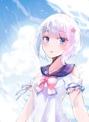 Rule 34 | 1girl, blue eyes, blue sailor collar, blue sky, blush, bow, breasts, cloud, collar, collarbone, commentary, day, detached sleeves, eyelashes, floating, floating hair, flower, grey hair, hair between eyes, hair flower, hair ornament, highres, hyakunin momoko, light particles, light rays, medium breasts, original, outdoors, outstretched arms, parted lips, pink bow, ribbon, ribbon-trimmed sleeves, ribbon trim, sailor collar, school uniform, serafuku, shirt, short hair, short sleeves, sky, solo, upper body, white hair, white shirt, wind