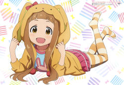 Rule 34 | 1girl, absurdres, animal hood, animal print, blue shirt, blunt bangs, brown eyes, brown hair, child, drawstring, hands up, highres, hood, ichihara nina, idolmaster, idolmaster cinderella girls, idolmaster cinderella girls u149, jacket, legs up, light blush, long hair, long sleeves, looking at viewer, lying, multicolored background, no shoes, official art, on stomach, open clothes, open jacket, open mouth, orange jacket, orange pantyhose, pantyhose, pink skirt, pom pom (clothes), rabbit hood, rabbit print, shirt, sidelocks, skirt, smile, solo, striped clothes, striped pantyhose, the pose, white background