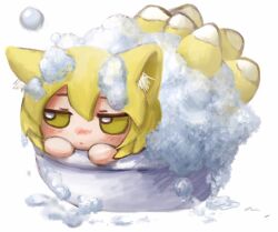 Rule 34 | 1girl, animal ear fluff, animal ears, bathing, blonde hair, blush, chibi, closed mouth, fox ears, fox tail, fumo (doll), highres, in container, jitome, multiple tails, short hair, simple background, soap bubbles, solo, tail, touhou, white background, yakumo ran, yakumora n, yellow eyes