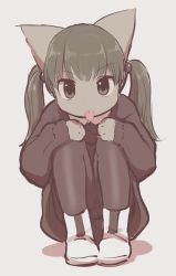 Rule 34 | 1girl, 3yo4yo5yo, animal ears, black hair, cat ears, child, female focus, furry, furry female, hair bobbles, hair ornament, highres, looking at viewer, original, shoes, simple background, sleeves past wrists, solo, squatting, twintails, white background