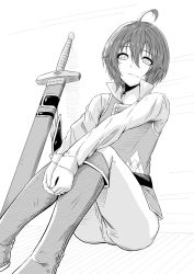 Rule 34 | 1girl, absurdres, ahoge, belt, boots, closed mouth, commentary, crossdressing, highres, knight, long sleeves, monochrome, neck, nose, original, pants, reverse trap, sheath, sheathed, short hair, sitting, solo, sword, tomboy, weapon