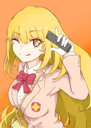 Rule 34 | 1girl, ;p, arm up, blonde hair, bow, bowtie, breasts, bright pupils, brown eyes, brown jacket, collared shirt, commentary request, controller, emblem, gloves, hair between eyes, highres, holding, holding remote control, jacket, kamesan231, large breasts, long hair, long sleeves, looking at viewer, one eye closed, orange background, red bow, red bowtie, remote control, school emblem, school uniform, shirt, shokuhou misaki, solo, star-shaped pupils, star (symbol), symbol-shaped pupils, toaru kagaku no mental out, toaru kagaku no railgun, toaru majutsu no index, tokiwadai school uniform, tongue, tongue out, upper body, white gloves, white pupils, white shirt, winter uniform