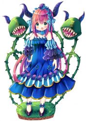 Rule 34 | 1girl, :d, black footwear, blue bow, blue dress, blue flower, blush, bow, breasts, brown hair, chocolat (momoiro piano), curled horns, detached sleeves, dress, flower, full body, green eyes, hair between eyes, hair bow, hair flower, hair ornament, horns, long hair, long sleeves, open mouth, original, plant, puffy sleeves, purple flower, purple rose, rose, shoes, simple background, small breasts, smile, solo, standing, strapless, strapless dress, striped sleeves, teeth, thorns, upper teeth only, very long hair, vines, white background, wide sleeves