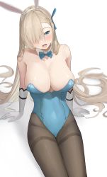 Rule 34 | 1girl, absurdres, animal ears, asuna (blue archive), asuna (bunny) (blue archive), bare shoulders, blue archive, blue eyes, blue leotard, blush, breasts, brown pantyhose, cleavage, detached collar, elbow gloves, fake animal ears, gloves, hair over one eye, highleg, highleg leotard, highres, large breasts, leotard, light brown hair, long hair, looking at viewer, matsukan (dug pile), mole, mole on breast, open mouth, pantyhose, playboy bunny, rabbit ears, sitting, solo, thighs, white gloves