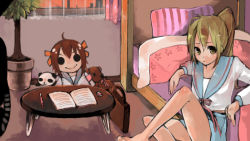 Rule 34 | 00s, 1girl, :d, bad id, bad pixiv id, bare legs, blue skirt, brown eyes, brown hair, character doll, flower pot, full moon, gender request, genderswap, hase neet, indoors, kyon, kyonko, long sleeves, looking at viewer, looking back, moon, open mouth, plant, ponytail, potted plant, shirt, sitting, skirt, smile, solo, suzumiya haruhi, suzumiya haruhi no yuuutsu, table, thighs, white shirt