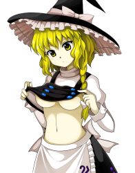 Rule 34 | 1girl, apron, bad id, bad twitter id, black hat, black skirt, blonde hair, blush stickers, bow, braid, breasts, commentary request, cowboy shot, frilled apron, frills, hat, hat bow, head tilt, juliet sleeves, kirisame marisa, lifting own clothes, long sleeves, looking at viewer, medium breasts, navel, puffy sleeves, sameya, shirt, short hair, simple background, single braid, skirt, solo, standing, stomach, touhou, underboob, vest lift, waist apron, white apron, white background, white bow, white shirt, wily beast and weakest creature, witch hat, yellow eyes