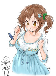 Rule 34 | 2girls, absurdres, blouse, blue dress, blush, breasts, brown eyes, brown hair, button fly, cleavage, clenched hands, cosplay, dress, hair ornament, hairclip, highres, idolmaster, idolmaster cinderella girls, large breasts, long hair, morikubo nono, morikubo nono (cosplay), motion blur, multiple girls, no bra, open mouth, popped button, scrunchie, shirt, sketch, sleeveless, sleeveless dress, sleeves rolled up, surprised, sweatdrop, takuji yuusaku, totoki airi, twintails, white shirt