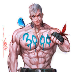 Rule 34 | 1boy, abs, animal, animal on shoulder, bara, belt, bird, bird on shoulder, blue bird, bryan fury, clenched hand, clothes writing, head tilt, large pectorals, looking at viewer, male focus, mature male, milestone celebration, muscular, muscular male, navel, nipples, pectorals, short hair, sideburns, smile, solo, tekken, topless male, twitter bird, upper body, white hair, yi lee