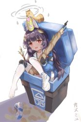 Rule 34 | 1girl, absolute mya, animal ears, arrow (symbol), black hair, blue archive, blunt bangs, box, collarbone, commentary request, fake animal ears, ferret, gun, hairband, halo, holding, holding gun, holding weapon, in box, in container, knees to chest, leaf, leaf on head, long hair, long sleeves, looking at viewer, miyu (blue archive), pantyhose, pleated skirt, rabbit ears, recycle bin, recycling symbol, red eyes, rifle, school uniform, serafuku, shoes, sidelocks, sitting, skirt, sneakers, sniper rifle, weapon, white background, white pantyhose