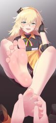 Rule 34 | 1boy, 1girl, barefoot, black background, black gloves, black shorts, blonde hair, blush, breasts, collared shirt, commentary, commentary request, commission, crossed bangs, english commentary, fang, feet, foot focus, foot up, foreshortening, girls&#039; frontline, gloves, gradient background, green eyes, grey background, hair between eyes, hairband, knees up, legs, long hair, looking at viewer, maidforge, medium breasts, messy hair, mixed-language commentary, neck ribbon, open mouth, orange hairband, paid reward available, pixiv commission, pov, ribbon, s.a.t.8 (girls&#039; frontline), shirt, shoes, unworn shoes, short shorts, shorts, sidelocks, soles, spread toes, toes