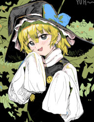Rule 34 | 1girl, black background, black eyes, black hat, black vest, blonde hair, blouse, blue bow, blush, bow, buttons, character name, commentary request, cookie (touhou), dutch angle, hair between eyes, hakonnbo, hand to own mouth, hat, hat bow, head tilt, high contrast, highres, kirisame marisa, looking at viewer, open mouth, shirt, short hair, sleeves past wrists, solo, touhou, turtleneck, vest, white shirt, witch hat, yuuhi (cookie)
