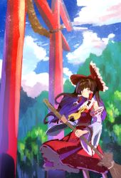 Rule 34 | 1girl, ascot, bow, broom, brown hair, cloud, cloudy sky, detached sleeves, frilled bow, frills, hair bow, hair tubes, hakurei reimu, highres, holding, holding broom, japanese clothes, long hair, miko, mountainous horizon, multicolored hair, no lineart, red bow, red eyes, ribbon-trimmed sleeves, ribbon trim, shiya, sidelocks, skirt, skirt set, sky, solo, standing, torii, touhou, two-tone hair, wide sleeves, wind, wind lift, yellow ascot