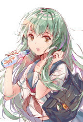 Rule 34 | 1girl, :o, alternate costume, alternate eye color, artist name, bag, blue skirt, blush, bottle, breasts, brown eyes, collarbone, commentary request, contemporary, green hair, hair ornament, hands up, highres, holding, holding bag, holding bottle, kita (kitairoha), kochiya sanae, light particles, long hair, looking at viewer, medium breasts, midriff peek, open mouth, red neckwear, sailor collar, school bag, school uniform, serafuku, short sleeves, signature, simple background, single sidelock, skirt, snake hair ornament, solo, touhou, translation request, very long hair, white background