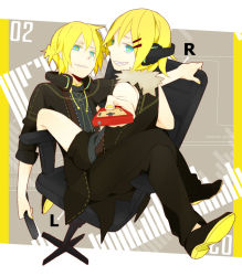 Rule 34 | 1boy, 1girl, al (arupaka), aqua eyes, blonde hair, brother and sister, chair, controller, famicom, game console, game controller, gamepad, hair ornament, hairclip, headphones, headphones around neck, kagamine len, kagamine rin, nes, remocon (vocaloid), remote control, remote control (vocaloid), short hair, siblings, sitting, smile, twins, vocaloid