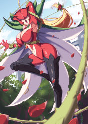 Rule 34 | 1girl, absurdres, arm up, armpits, black footwear, blonde hair, blue sky, bodysuit, boots, breasts, brooch, cape, cleavage, clothing cutout, cloud, commentary, covered eyes, day, digimon, digimon (creature), elbow gloves, floating hair, flower, glint, gloves, green cape, hair flower, hair ornament, highres, jewelry, kotatsu (nukunuku), large breasts, lipstick, long hair, low-tied long hair, makeup, navel, navel cutout, open mouth, outdoors, petals, plant, red bodysuit, red flower, red gloves, red rose, rose, rosemon, sky, solo, thigh boots, thorns, vines