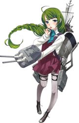 Rule 34 | 10s, 1girl, ascot, backpack, bag, blue eyes, blush, braid, cannon, full body, green hair, kanemaki thomas, kantai collection, long hair, low-tied long hair, mecha musume, mole, mole under mouth, pantyhose, personification, pigeon-toed, school uniform, single braid, skirt, solo, transparent background, very long hair, yuugumo (kancolle)