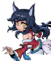 Rule 34 | 1girl, ahri (league of legends), animal ears, bare shoulders, black hair, breasts, facial mark, fox ears, fox tail, from side, league of legends, long hair, long sleeves, looking at viewer, parted lips, phantom ix row, simple background, solo, tail, teeth, upper body, vastaya, white background